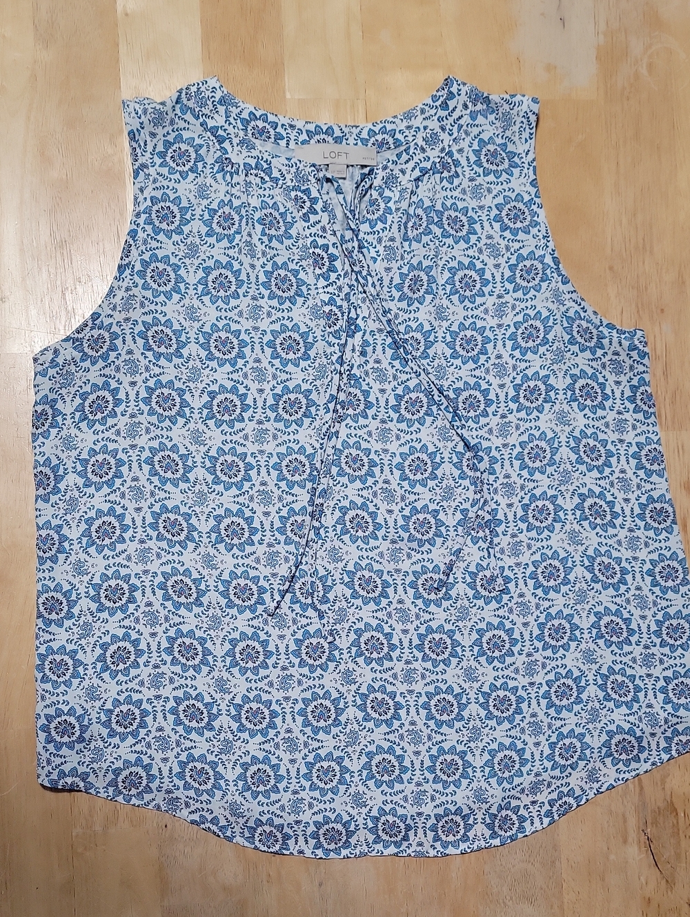 LOFT Blue and White Medallion Print Sleeveless Tie-Neck Top